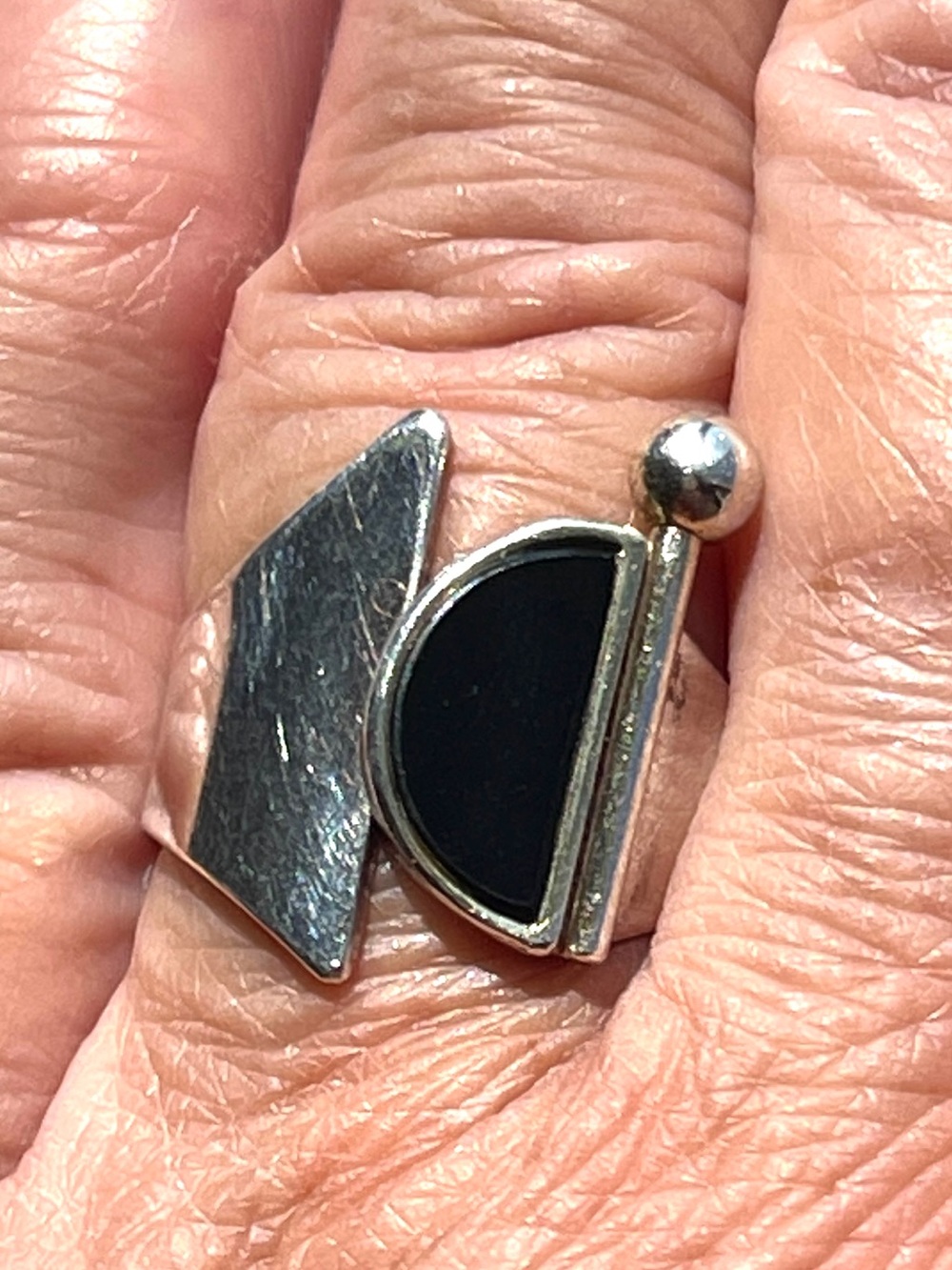 Vintage Modernist Sterling Silver Black Onyx Ring Geometric Statement Size 7.5